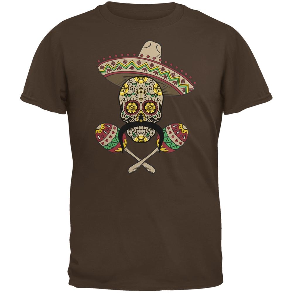 Cinco de Mayo - Sombrero Skull Maracas Crossbones Brown Adult T-Shirt S