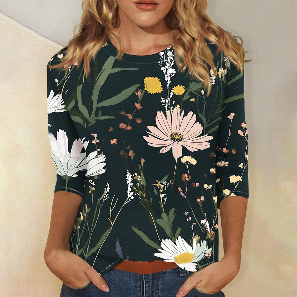 Modisches, lässiges Damenoberteil mit dreiviertel Ärmeln und Blumendruck und Rundhalsausschnitt