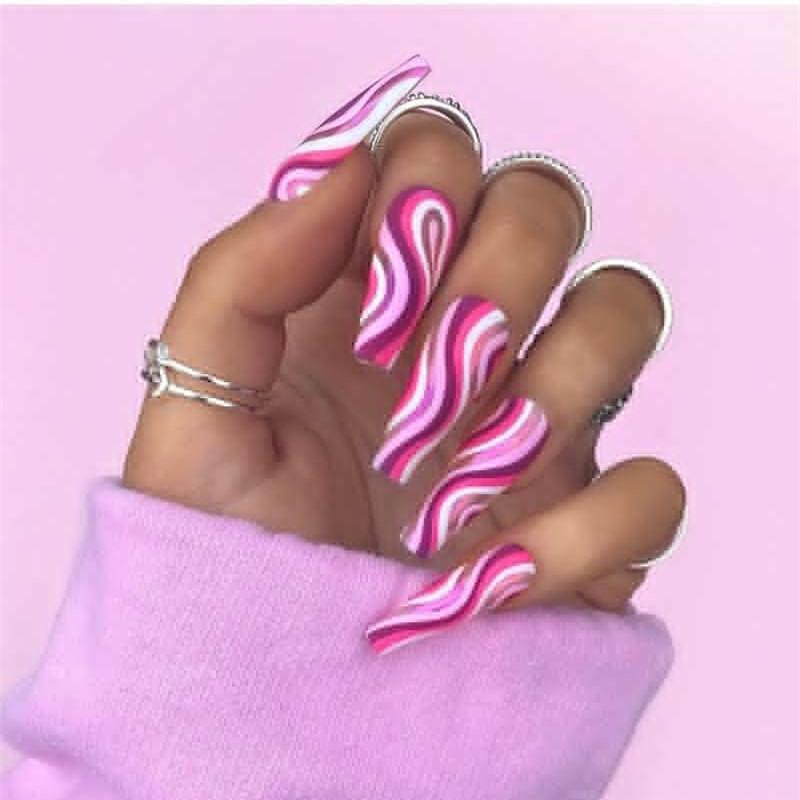 24pcs French False Nails Wave Design Fake Nails Summer Style Gradient False Nail Pink Purple Heart Flower Nail Art Tools