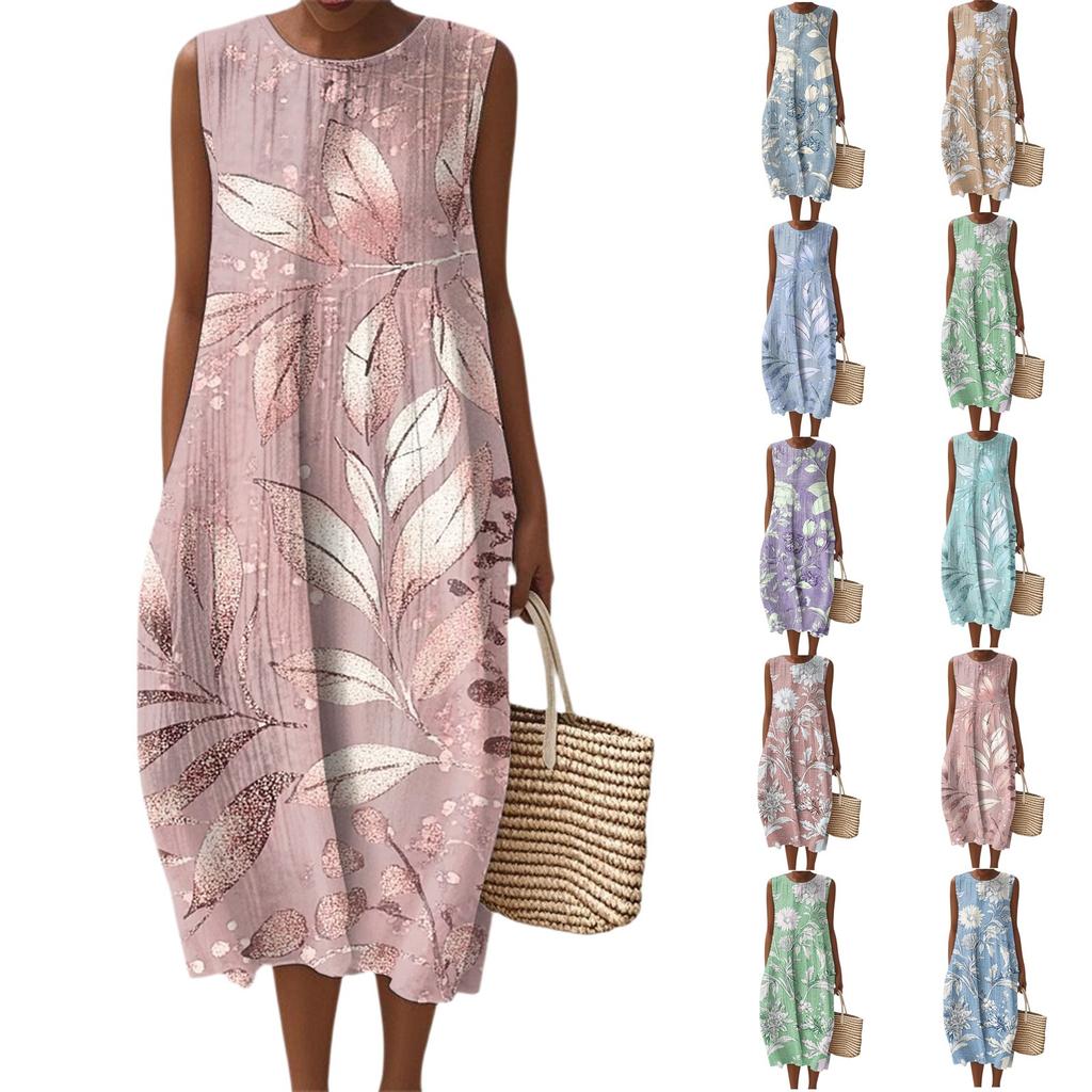 Women's Fashion Casual Sleeveless Round Neck Floral Elegant Temperament Dress