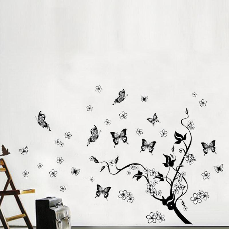 Black Tree Butterfly Peach Blossom Wall Decal for Living Room Bedroom TV Background Wall Decor