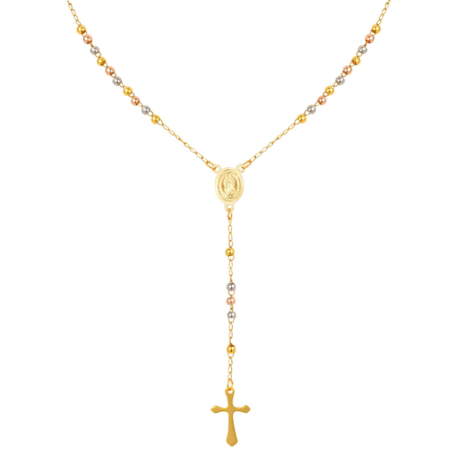 

Triple Tone Beaded Rosary Cross Necklace, Stainless Steel Long Chain Crucifix Rosary Chain Y Necklace Women Religious Jewelry
