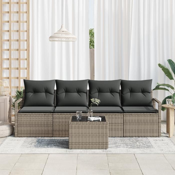 Ensemble de 5 Pièces de Canapé de Jardin avec Coussins Gris Rattan Poly, Canapé de Jardin 2 Places avec Rangement 3354918