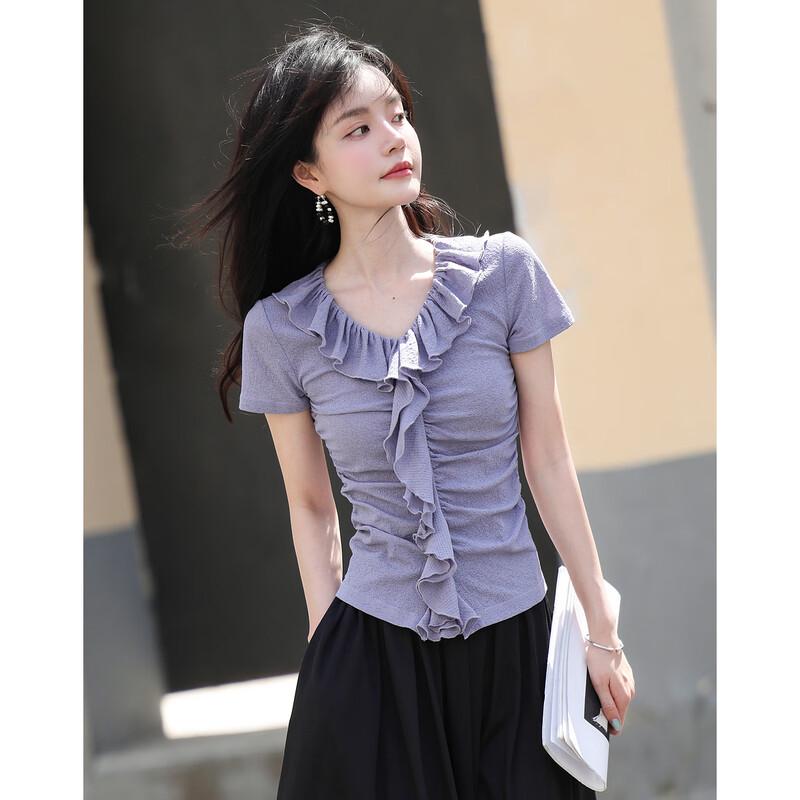 French Romantic Ruffle V-Neck Short Sleeve T-Shirt M