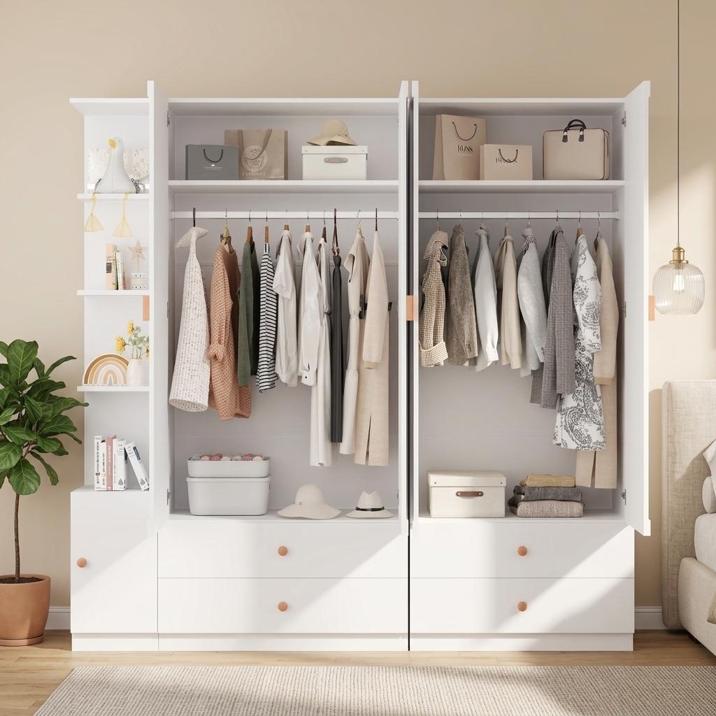 Large Wardrobe, White, 200 x 225 x 45 cm, with 3 Clothes Rails, 4 Drawers, Storage Space, for Bedroom, Children's Room, Hallway & Office
