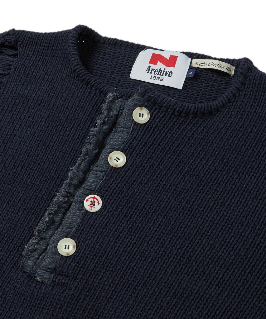 BEYOND CLOSET [Collection Line] Archive Heavyweight Cotton Damaged Detail Henley Neck Knit Navy