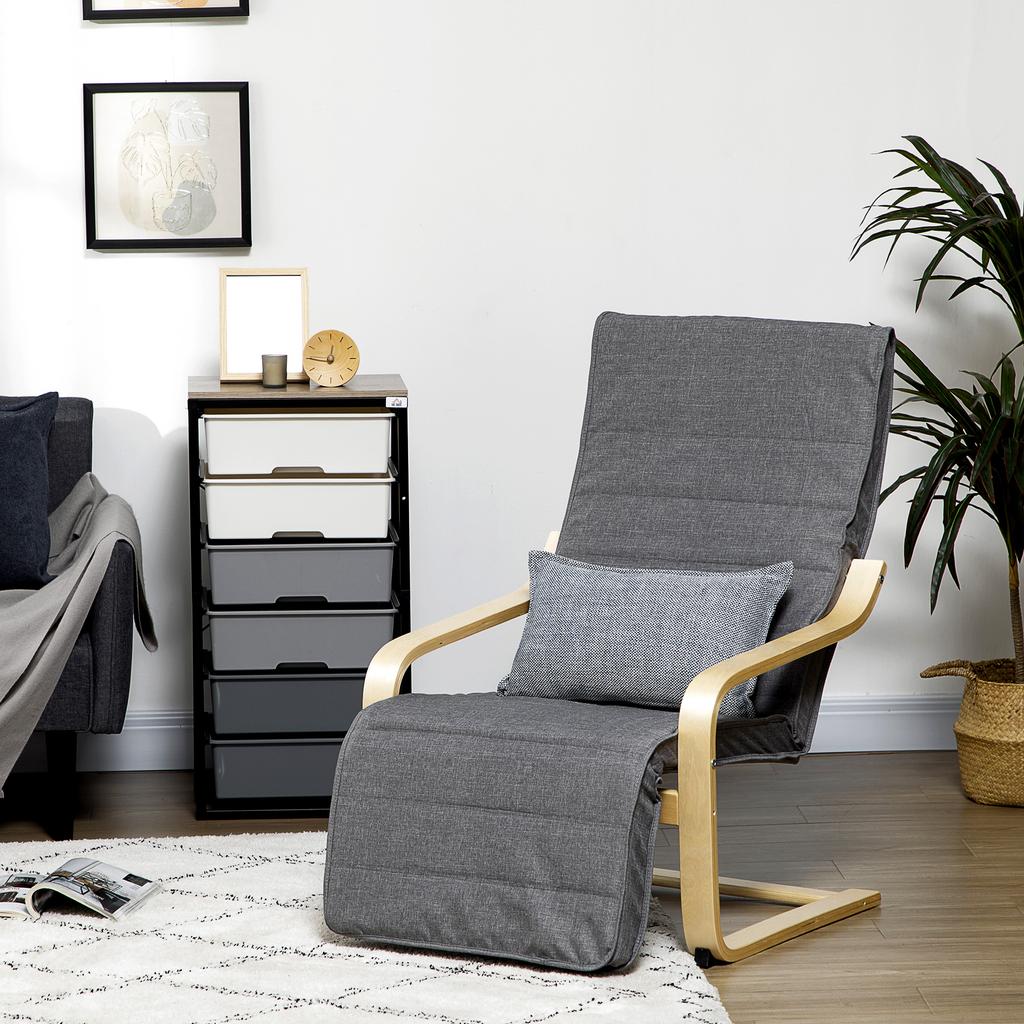 Wooden Armchair, Upholstered Linen Lounge Chair with Adjustable Footrest & Removable Cushion, Poang Chair for Living Room, Dark Grey