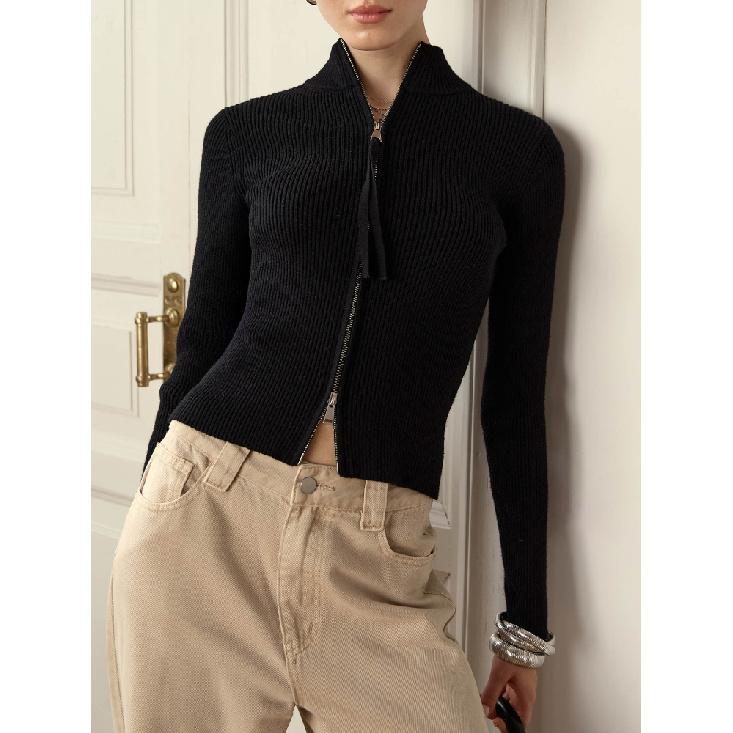 Оригинальная трикотажная куртка-свитер в стиле легкой роскоши Весенне-осенняя женская элегантная куртка с рубчиком, на двойной молнии, теплая, с длинным рукавом M чёрный