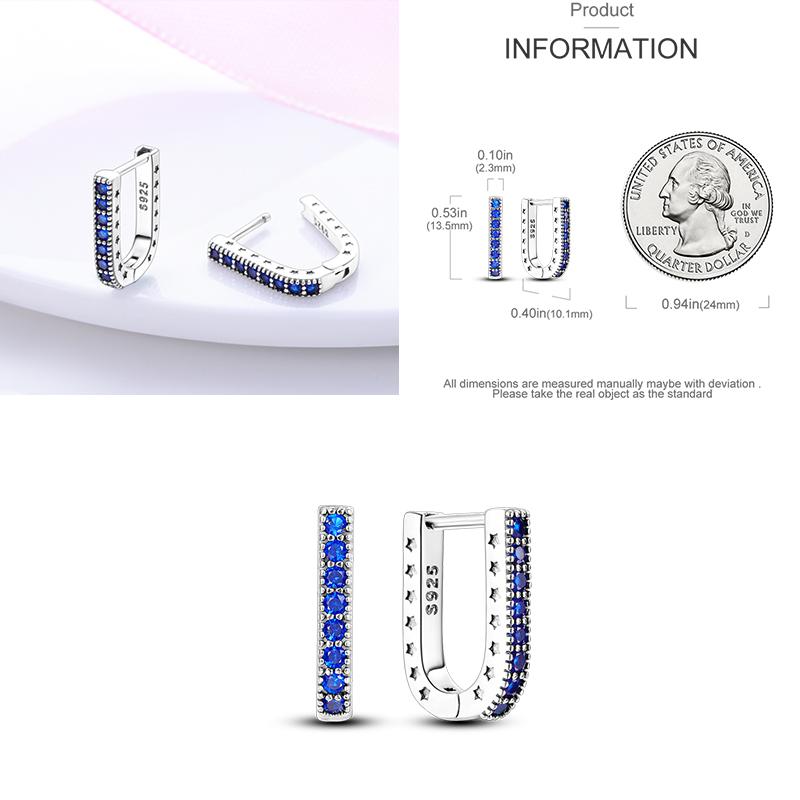 Sparkling Blue Zircon Hoop Earrings Pave U Shape Star Devil Eyes Circle S925 Drop Earring Fit Original Party Jewelry