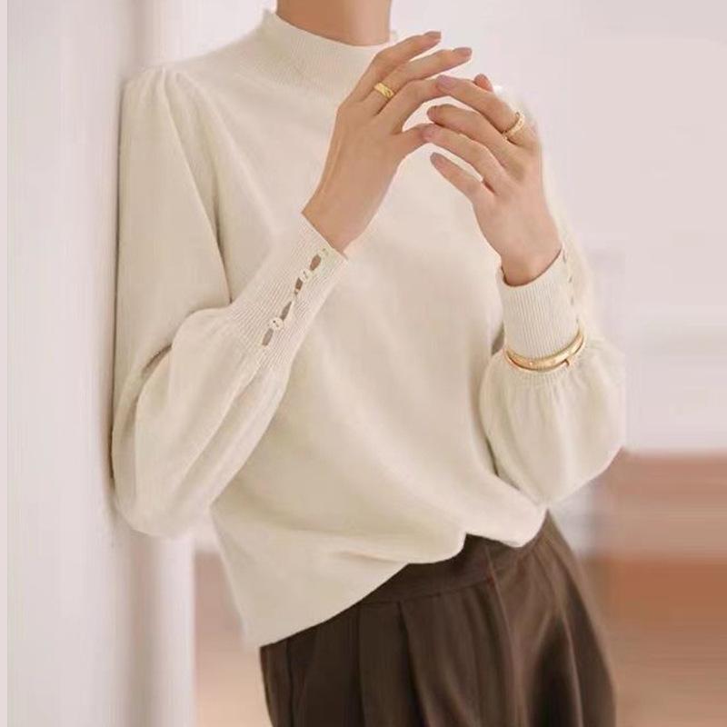 Autumn and Winter New Temperament Semi-turtleneck Back Buckle Design Lantern Sleeves High-end Sense Solid Color Knitted Bottoming Sweater Women