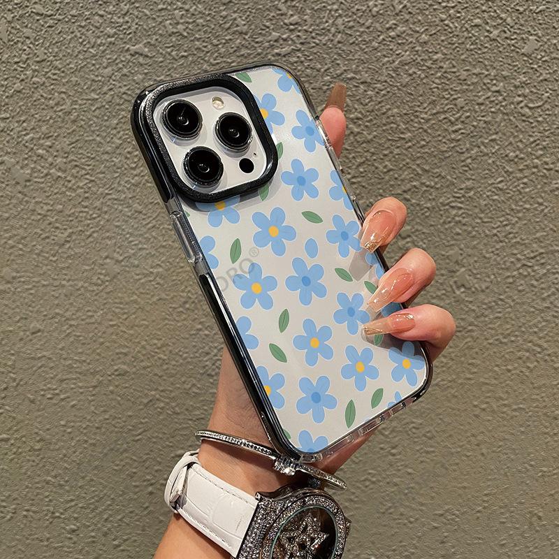 A full-screen light blue floral phone case, iPhone 17 Gentle Style, Apple 16 Pro with a large punch-hole transparent case