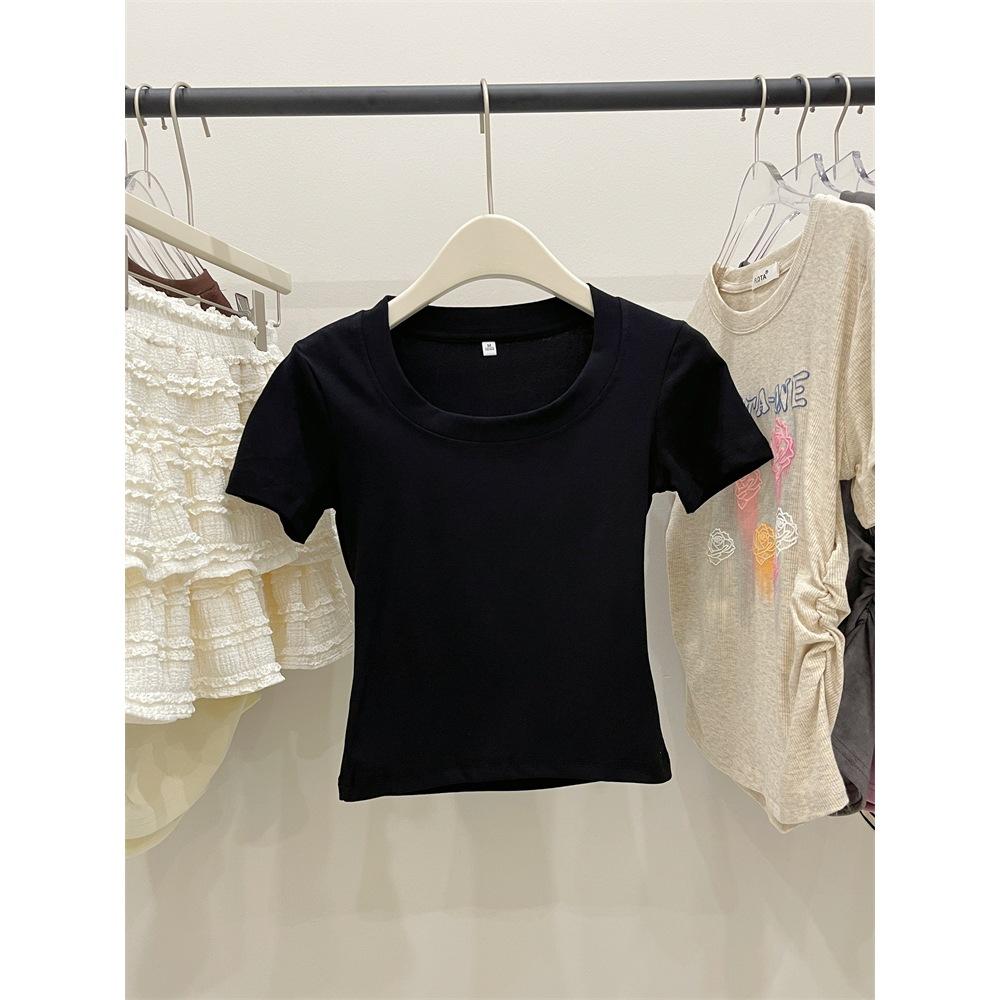 Special Korean Casual Versatile Solid Color U-Neck Clavicle Short Top Women's Summer Inner Spice Girls Small Short Sleeve T-Shirt