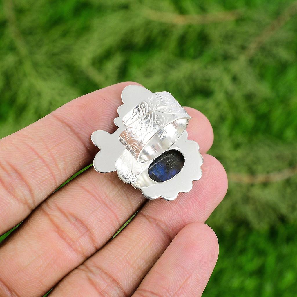 Mothers day Deal 925 Silver Labradorite Stone Daughter Solitaire Ring Jewelry
