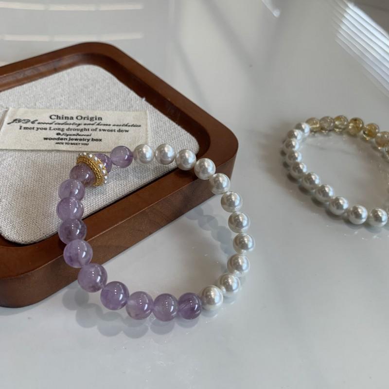 Natural Crystal Bracelet With Amethyst Citrine Beads Minimalist Double-Color Design Handmade Adjustable Ring Slider