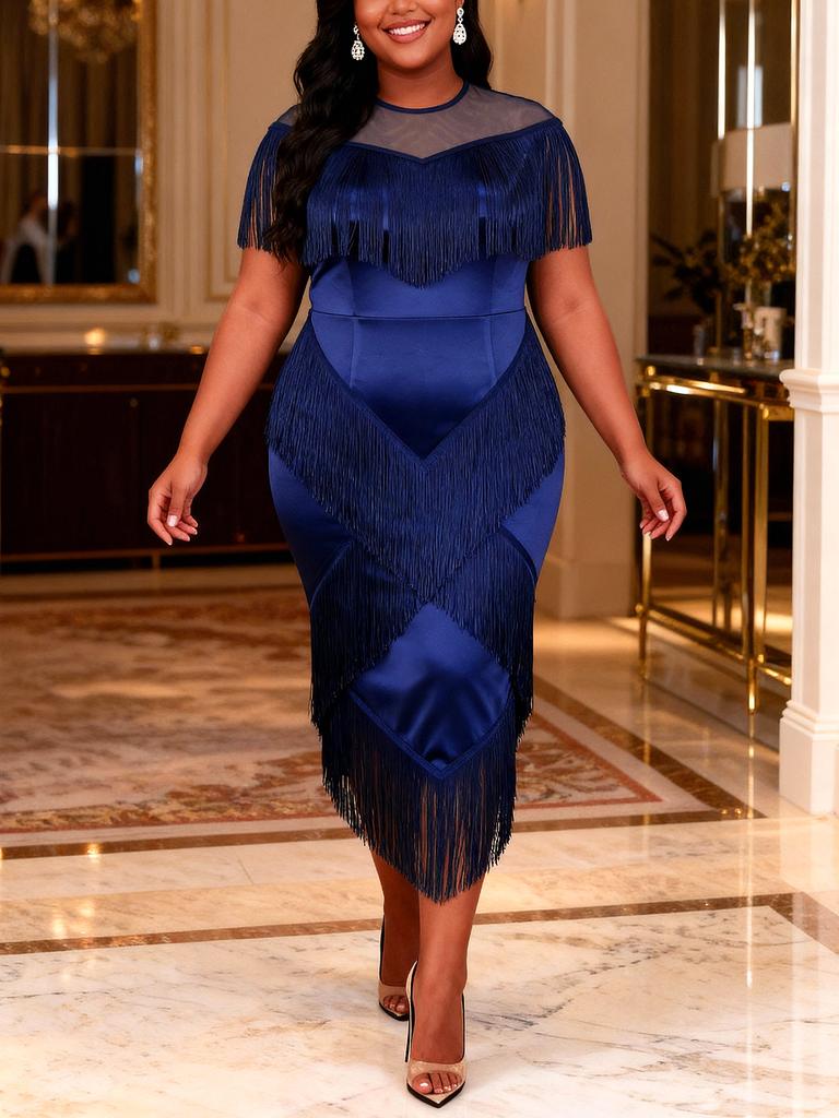 AOMEI Women Plus Size Fringe Midi Dress Elegant Bodycon Tassel Pencil Evening Party Club Dresses