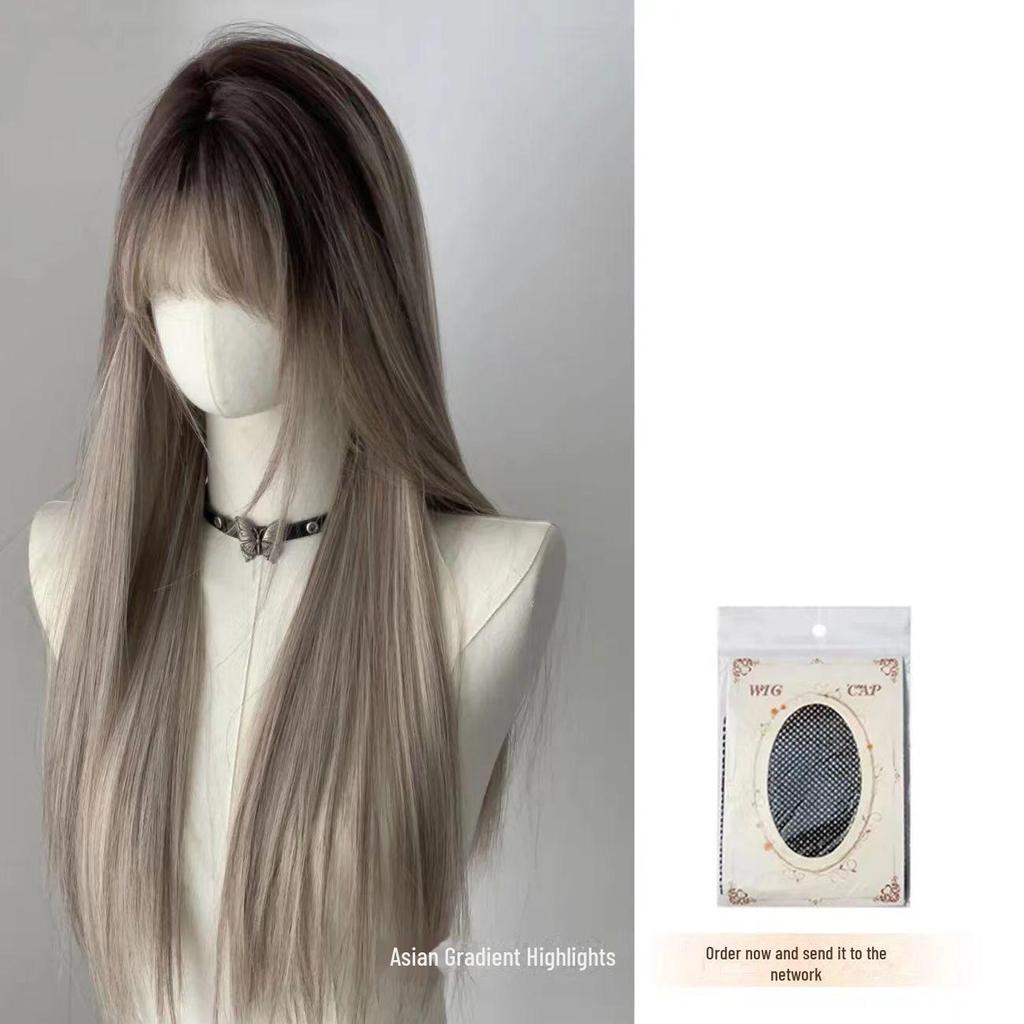 Super Hot Gradient Dyed Asian Style Long Straight Wig with Bangs - European & American Full Head
