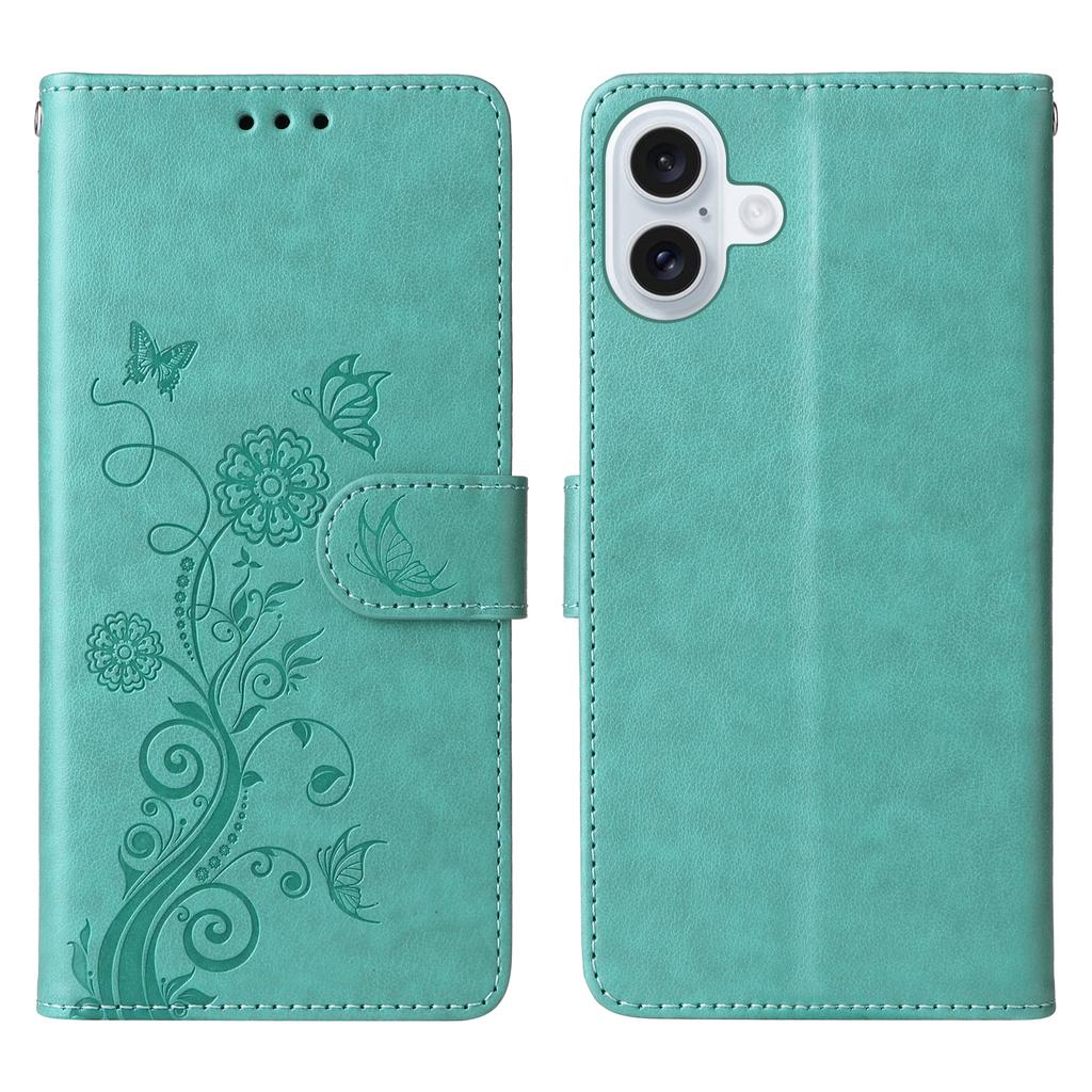 For iPhone 16 Plus Leather Case Butterfly Floral Imprint Wallet Stand Cover
