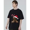 Christmas Boots T Shirt Black Santa Hat and Candy Cane Print Holiday Party Casual Wear