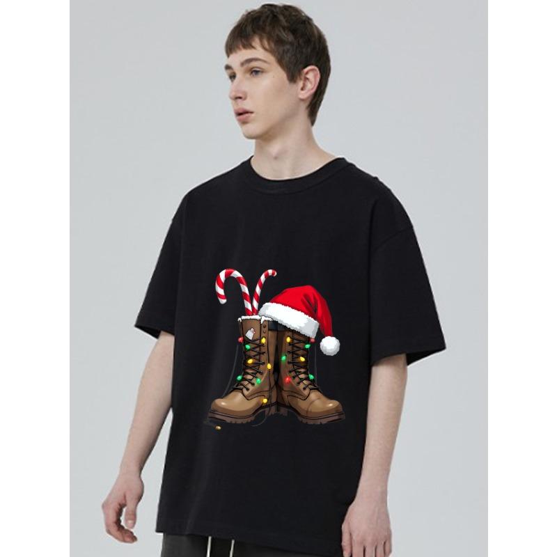 Christmas Boots T Shirt Black Santa Hat and Candy Cane Print Holiday Party Casual Wear