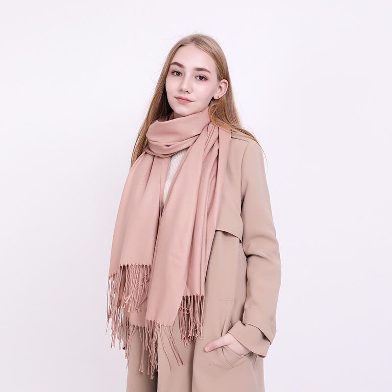 Women's High-End Korean Style Tassel Scarf - Imitation Cashmere, Solid Color, Thickened Neck Warmer Shawl for Autumn and Winter.