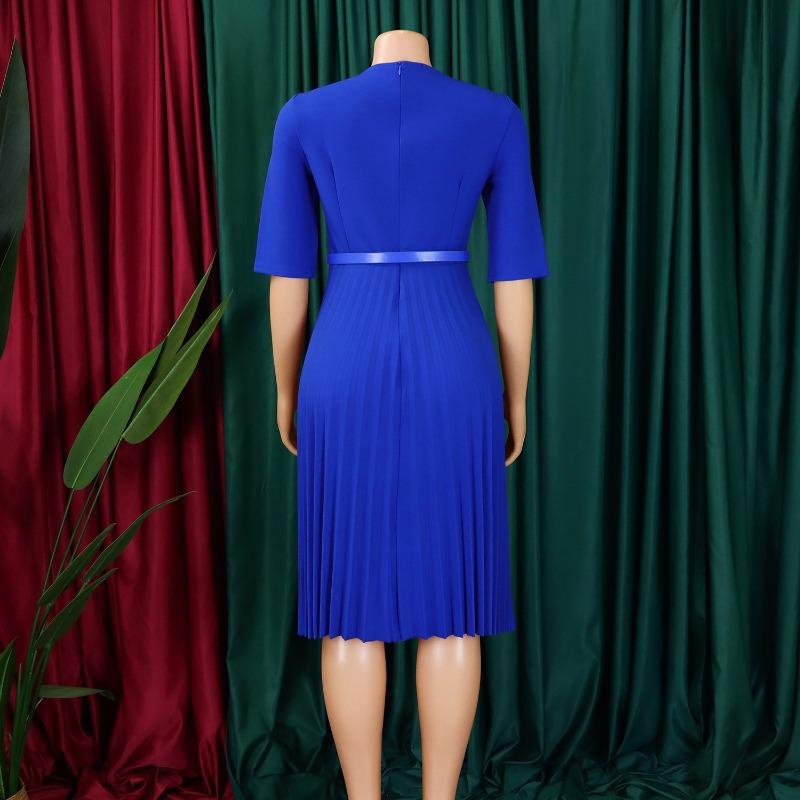 Women Solid Color V Neck Pleated High Waist A Line Mid Length Dress With Belt