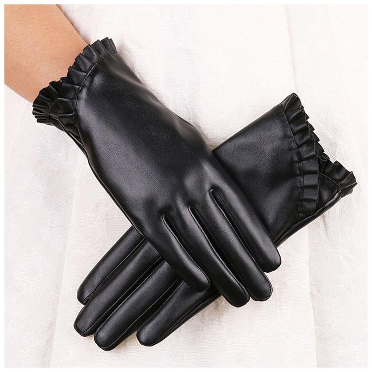 Autumn and Winter Women's Warm Gloves Fashionable Lace PU Leather Korean Version Plus Velvet Cold Proof Waterproof Fashionable Touch Screen Gloves