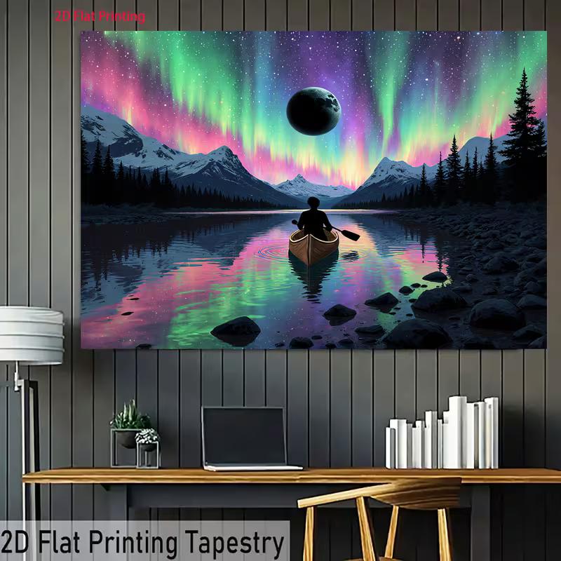2D Aurora Borealis Backdrop 2D Lake Canoe Northern Lights Photo Background for Themed Shoot