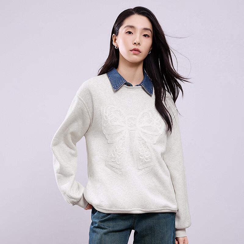 Women's Loose-Fit Fleece-Lined Sweatshirt with Lace Bowknot