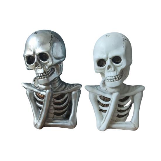 2 Pcs Gothic Skeleton Figurine Creepy Halloween Skull Statue Realistic Resin Tabletop Ornament for Home Office Bookshelf Indoor Decoration