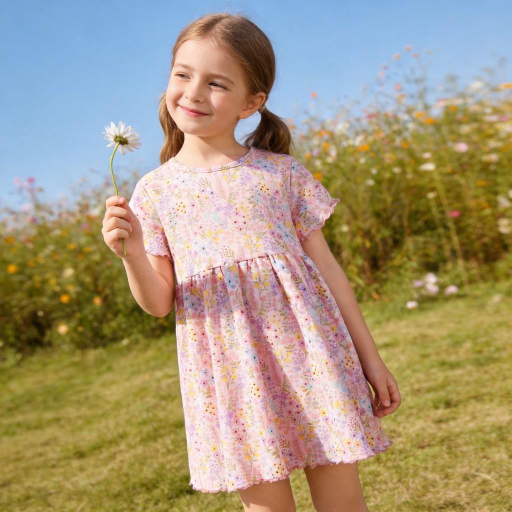 Girl Summer Cotton Short Sleeve Princess Dress With Cartoon Pattern For Kids