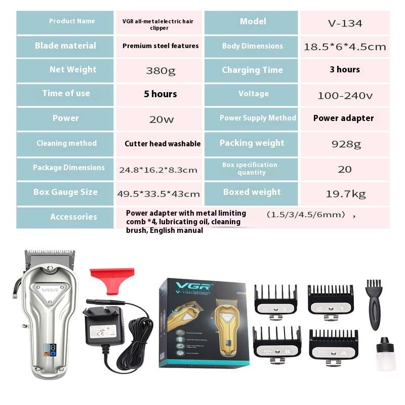 VGR V-134 Men's Professional All-metal Electric Hair Clipper with Long Battery Life  Rechargeable Stainless Steel Blade Clipper Carved Razor Shaver
