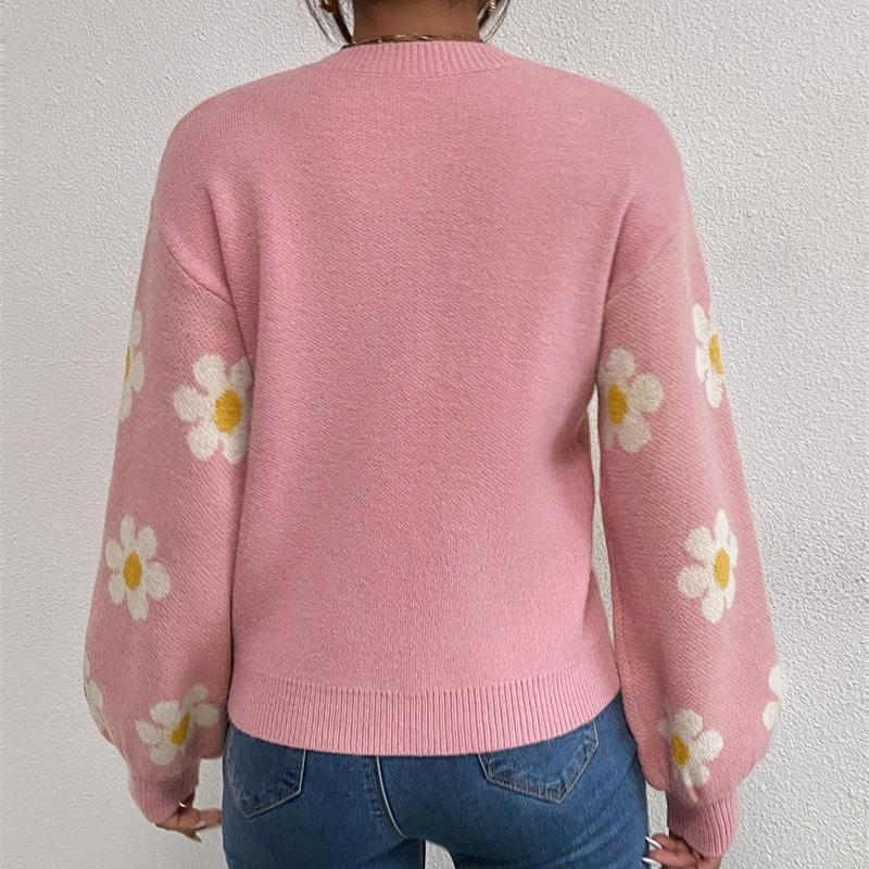 Höst Vinter Rundhals Stickad Pullover Tröja Dam Mode Söt Långärmad Lös Tröjor Dam Krysantemumtryck Varma Stickade Toppar 24638