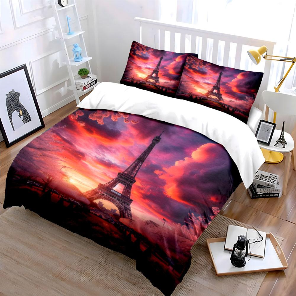Eiffel Tower Sunset Travel Set  Kid'S And Adults' Bedroom Decor, Exquisite Three-Piece Bedding Set Gift