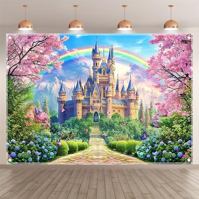 1 Piece of Fairy Tale Castle Photography Backdrop - Designed with Blue Sky, Clouds and Rainbows, 2D Flat Polyester Fabric