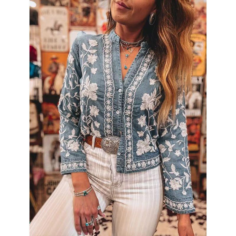 

V-neck Printed Single Brewed Shirt V-neck Print Single Breasted Long sleeve Shirts Light Blue L