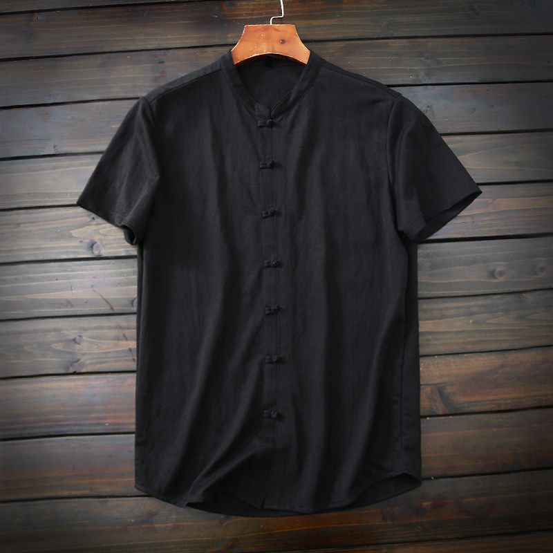 Cool and Breathable, Chinese-Style Linen-Like, Export Surplus Men's Summer Skin-Friendly Soft-Touch Small Stand-Up Collar Short-Sleeve Shirt