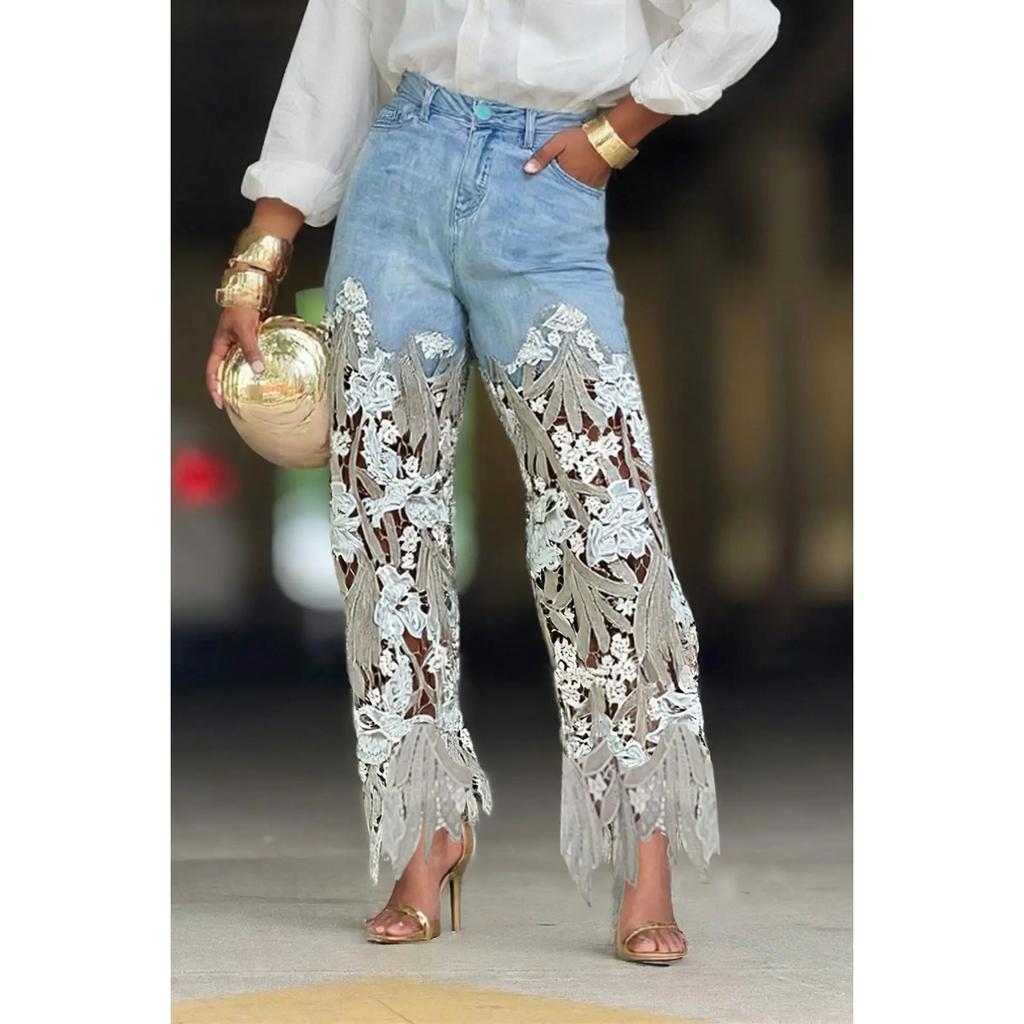 VIONA European and American Style Loose Hollow Splicing Irregular Lace Straight Leg Jeans for Women