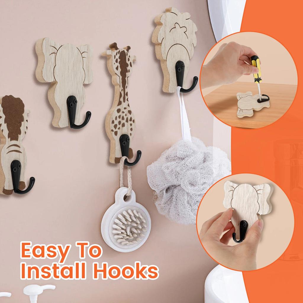 4 Pcs Cartoon animals Wood Decorative Wall Hook Creative Kids Wall Hook Practical Cute Towel Hanger for Home Bathroom Bedroom
