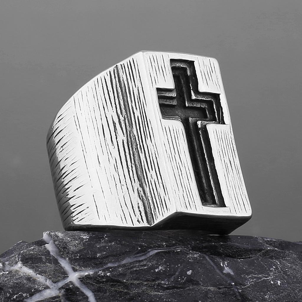 Retro Gothic Cross Large Ring for Men Stainless Steel Punk Edgy Vintage Bold Statement Accessories Unisex Christian Gift