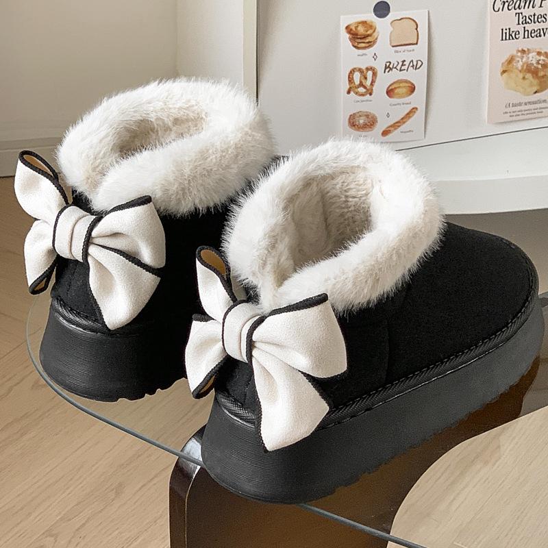 Women's Thick-Soled Cotton Slippers - Autumn/Winter Warm Velvet Snow Boots with Bow - Indoor/Outdoor All-Inclusive Heel.