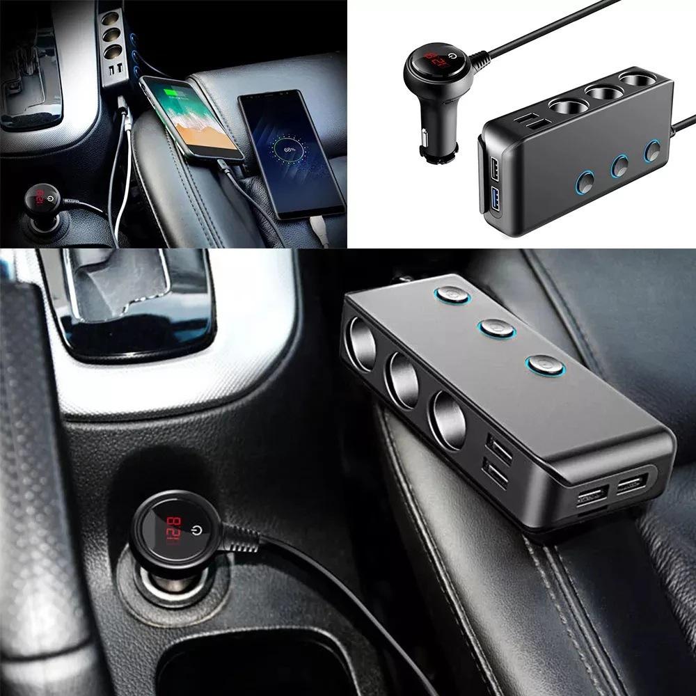 TR30 Car Cigarette Lighter Splitter: 3-Socket, 4-USB Ports, Independent Switches, QC3.0 Fast Charge, 120W, Voltage Display