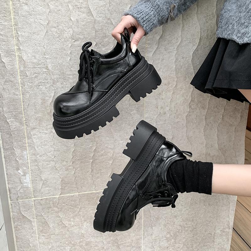 Platform Women Casual Shoes 2026 New Mid Heels Sneakers Trend Goth Lace Up Fashion Round Toe Thick Heel Flats Zapatos De Mujer