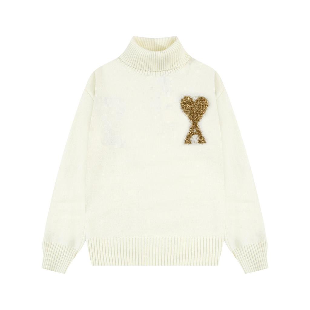 AMI 2025 Herbst und Winter Neu Gold und Silber Großes Herz Alpaka-Wolle Gemischt Weich und Klebrig Gestrickter Partner-Rollkragenpullover