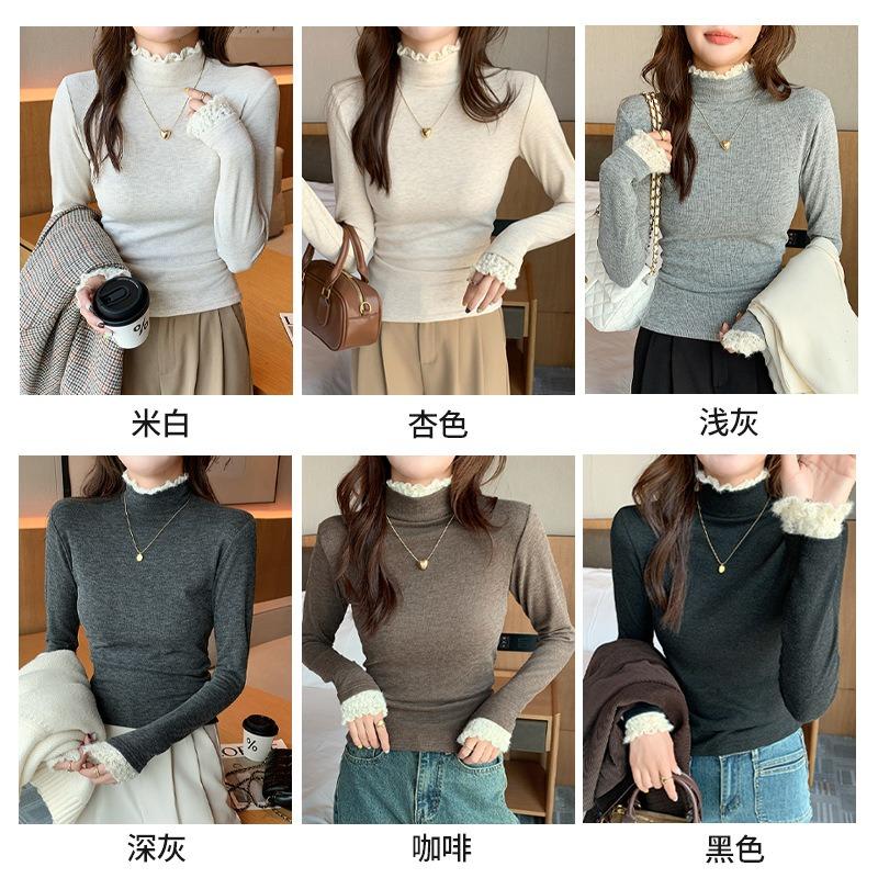 Lace splicing semi-turtleneck bottoming shirt women's autumn and winter threaded sweater lace knitted sweater inner top