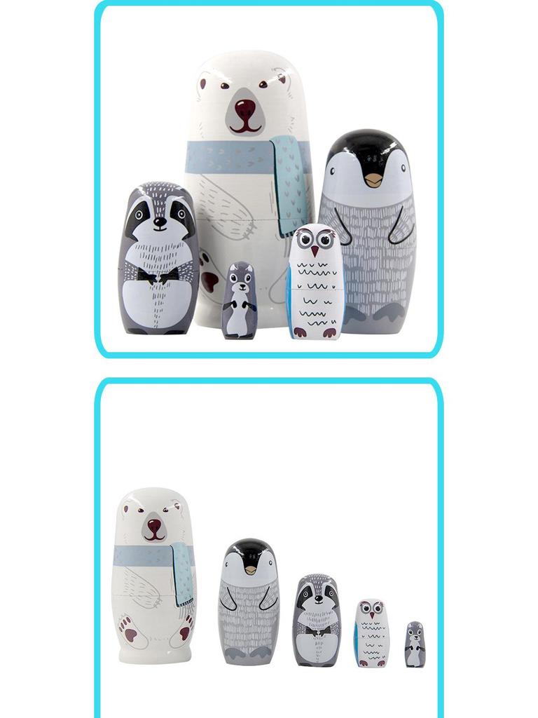 5-Layer Wooden Russian Nesting Dolls: White Big Bear Design for Children's Home Decor and Gifts