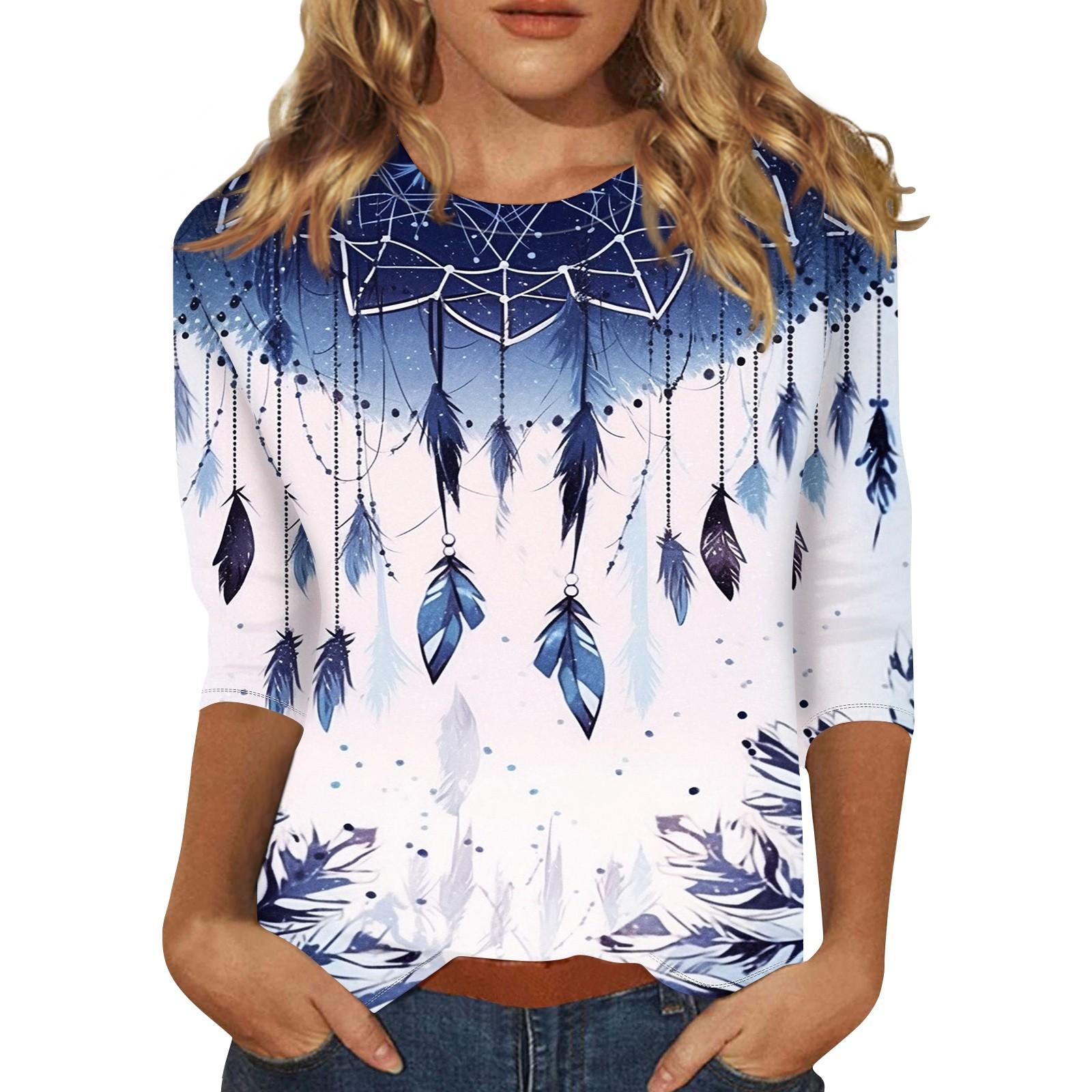 

Летние топы с круглым вырезом и рукавами 3/4 2024 года, женские туники с винтажным цветочным принтом, повседневные футболки больших размеров, базовые топы для вечеринок и праздников 4XL