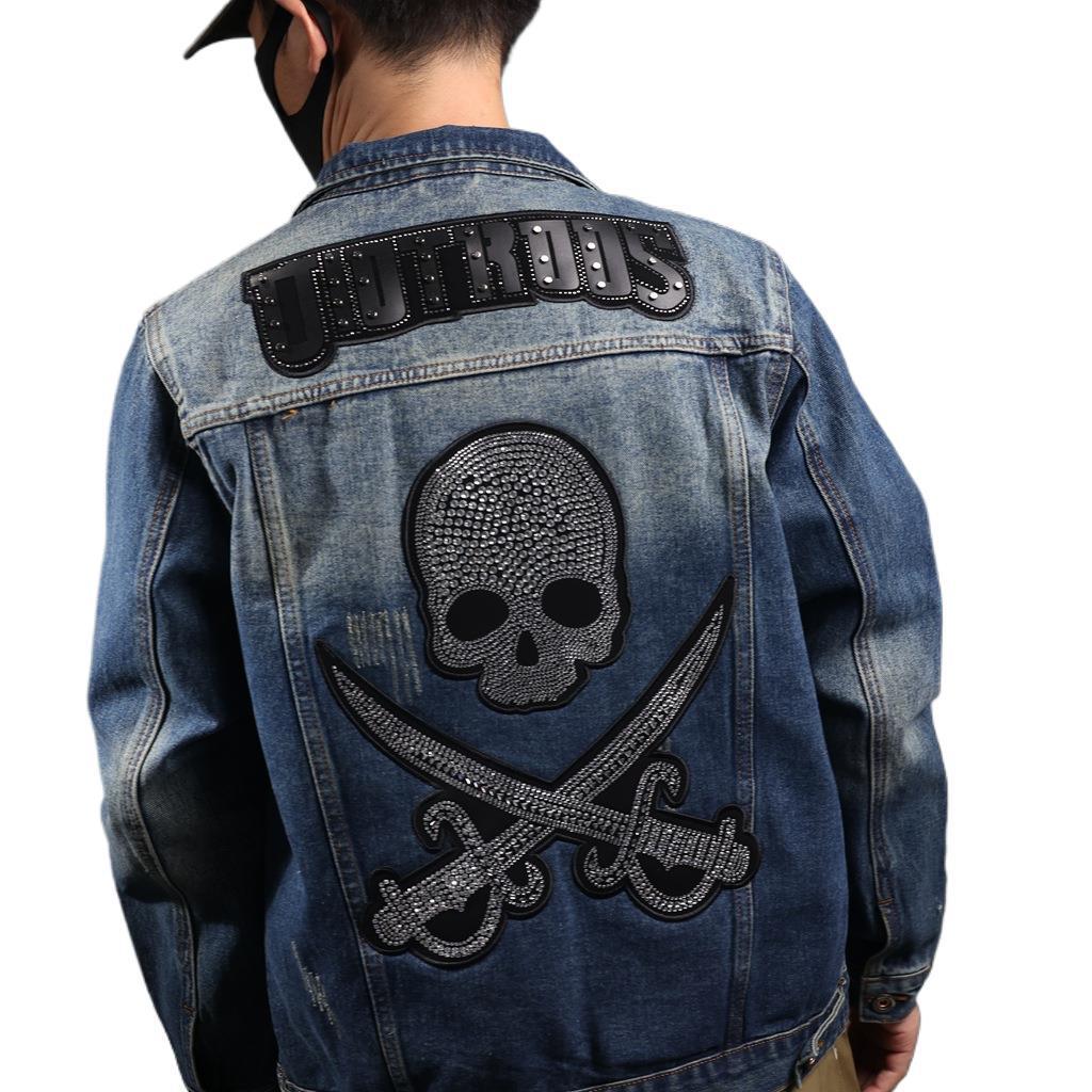 Xintang Men's Rhinestone-Studded Denim Jacket - Plus Size, Heavy Embroidery, Loose Fit Outwear