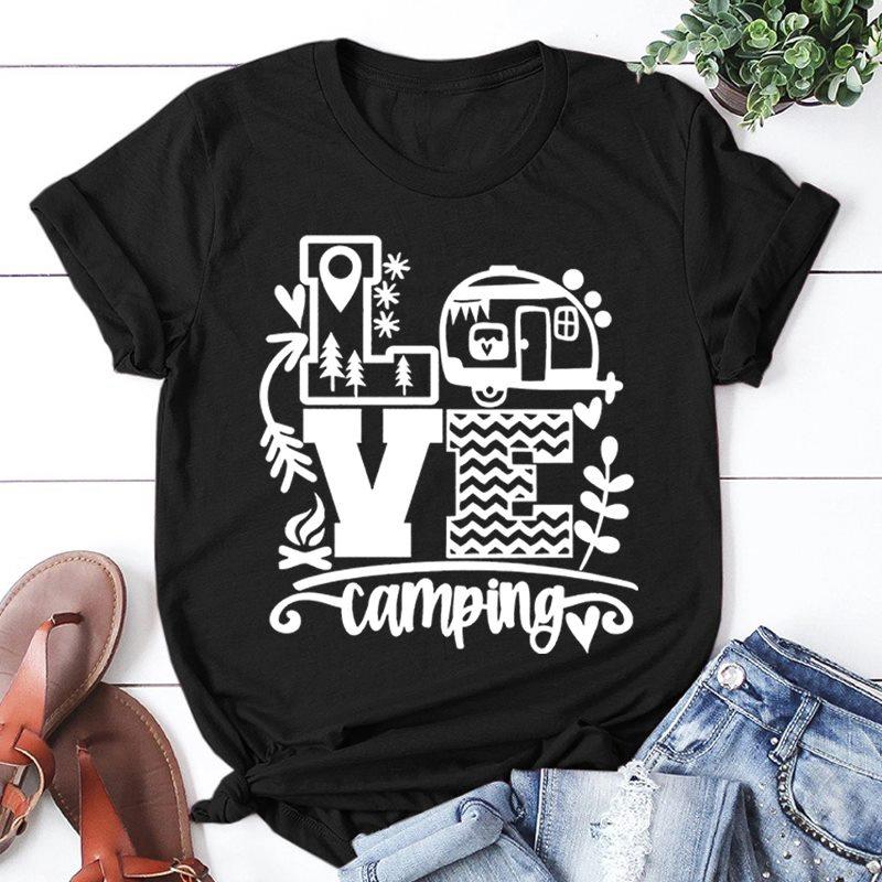 New Fashion Women T-Shirt Love Camping Print Short Sleeve Camper Casual Tee Round Neck Tops
