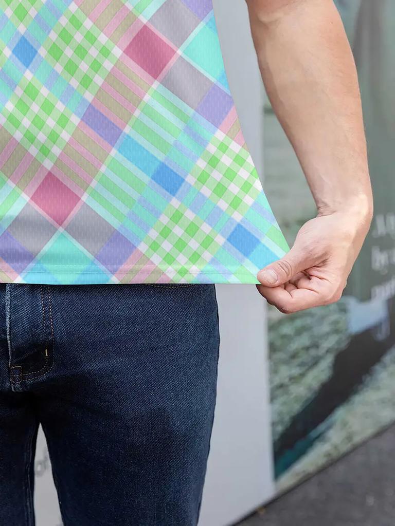 Men's Digital Print Polo Shirt, Men's Summer Macaron Plaid Polo Shirt with Colorful Diamond Check Lapel