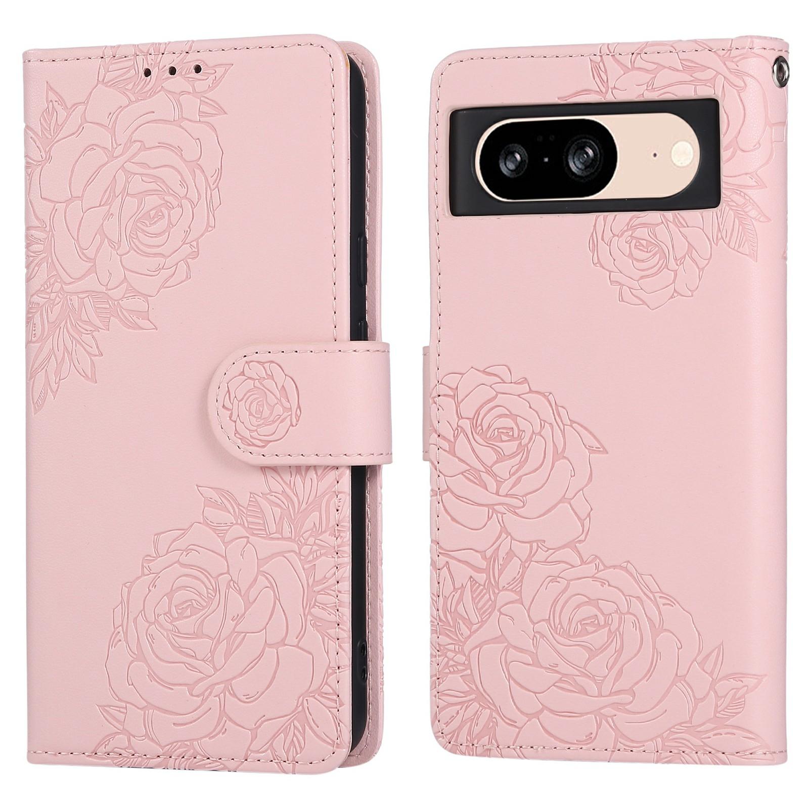 

For Google Pixel 8 Case Rose Flower PU Leather Wallet Phone Cover with 3 Card Slots Rose Gold